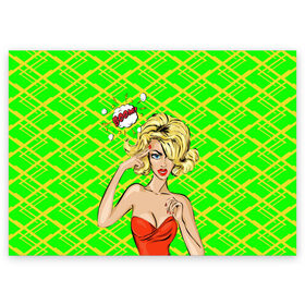 Поздравительная открытка с принтом BOOM! в Тюмени, 100% бумага | плотность бумаги 280 г/м2, матовая, на обратной стороне линовка и место для марки
 | pop art | девушки | квадратики | полосы | поп арт | ретро | текстура