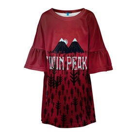 Детское платье 3D с принтом Лес Twin Peaks в Тюмени, 100% полиэстер | прямой силуэт, чуть расширенный к низу. Круглая горловина, на рукавах — воланы | горы | надпись | ретро | твин пикс