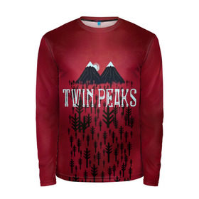 Мужской лонгслив 3D с принтом Лес Twin Peaks в Тюмени, 100% полиэстер | длинные рукава, круглый вырез горловины, полуприлегающий силуэт | горы | надпись | ретро | твин пикс