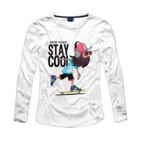 Женский лонгслив хлопок с принтом Stay cool в Тюмени, 100% хлопок |  | baseball cap | beard | city | cool | extreme | headphones | hipster | movement | new york | skateboard | speed | sport | stay cool | бейсболка | борода | движение | круто | крутой | наушники | нью  йорк | очки | скейтборд | скорость | спорт | хи