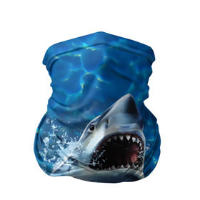 Бандана-труба 3D с принтом Пасть акулы в Тюмени, 100% полиэстер, ткань с особыми свойствами — Activecool | плотность 150‒180 г/м2; хорошо тянется, но сохраняет форму | Тематика изображения на принте: акула | атака | белая | брызги | вода | волны | зубы | капли | море | океан | опасность | синяя | челюсти | эффект