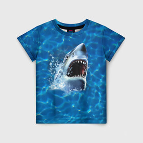 Детская футболка 3D с принтом Пасть акулы в Тюмени, 100% гипоаллергенный полиэфир | прямой крой, круглый вырез горловины, длина до линии бедер, чуть спущенное плечо, ткань немного тянется | акула | атака | белая | брызги | вода | волны | зубы | капли | море | океан | опасность | синяя | челюсти | эффект