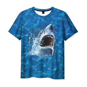 Мужская футболка 3D с принтом Пасть акулы в Тюмени, 100% полиэфир | прямой крой, круглый вырез горловины, длина до линии бедер | акула | атака | белая | брызги | вода | волны | зубы | капли | море | океан | опасность | синяя | челюсти | эффект