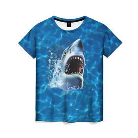 Женская футболка 3D с принтом Пасть акулы в Тюмени, 100% полиэфир ( синтетическое хлопкоподобное полотно) | прямой крой, круглый вырез горловины, длина до линии бедер | акула | атака | белая | брызги | вода | волны | зубы | капли | море | океан | опасность | синяя | челюсти | эффект