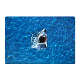 Магнитный плакат 3Х2 с принтом Пасть акулы в Тюмени, Полимерный материал с магнитным слоем | 6 деталей размером 9*9 см | Тематика изображения на принте: акула | атака | белая | брызги | вода | волны | зубы | капли | море | океан | опасность | синяя | челюсти | эффект