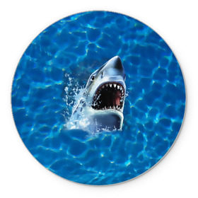Коврик круглый с принтом Пасть акулы в Тюмени, резина и полиэстер | круглая форма, изображение наносится на всю лицевую часть | акула | атака | белая | брызги | вода | волны | зубы | капли | море | океан | опасность | синяя | челюсти | эффект