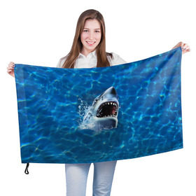 Флаг 3D с принтом Пасть акулы в Тюмени, 100% полиэстер | плотность ткани — 95 г/м2, размер — 67 х 109 см. Принт наносится с одной стороны | Тематика изображения на принте: акула | атака | белая | брызги | вода | волны | зубы | капли | море | океан | опасность | синяя | челюсти | эффект