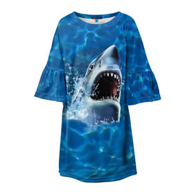 Детское платье 3D с принтом Пасть акулы в Тюмени, 100% полиэстер | прямой силуэт, чуть расширенный к низу. Круглая горловина, на рукавах — воланы | акула | атака | белая | брызги | вода | волны | зубы | капли | море | океан | опасность | синяя | челюсти | эффект