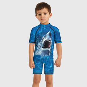 Детский купальный костюм 3D с принтом Пасть акулы в Тюмени, Полиэстер 85%, Спандекс 15% | застежка на молнии на спине | акула | атака | белая | брызги | вода | волны | зубы | капли | море | океан | опасность | синяя | челюсти | эффект