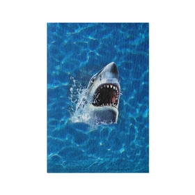 Обложка для паспорта матовая кожа с принтом Пасть акулы в Тюмени, натуральная матовая кожа | размер 19,3 х 13,7 см; прозрачные пластиковые крепления | Тематика изображения на принте: акула | атака | белая | брызги | вода | волны | зубы | капли | море | океан | опасность | синяя | челюсти | эффект