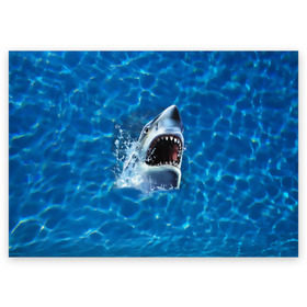 Поздравительная открытка с принтом Пасть акулы в Тюмени, 100% бумага | плотность бумаги 280 г/м2, матовая, на обратной стороне линовка и место для марки
 | акула | атака | белая | брызги | вода | волны | зубы | капли | море | океан | опасность | синяя | челюсти | эффект