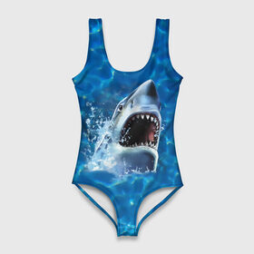 Купальник-боди 3D с принтом Пасть акулы в Тюмени, 82% полиэстер, 18% эластан | Круглая горловина, круглый вырез на спине | Тематика изображения на принте: акула | атака | белая | брызги | вода | волны | зубы | капли | море | океан | опасность | синяя | челюсти | эффект