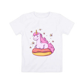 Детская футболка хлопок с принтом Единорог в Тюмени, 100% хлопок | круглый вырез горловины, полуприлегающий силуэт, длина до линии бедер | Тематика изображения на принте: donut | pink | star | unicorn | единорог | звезды | конь | милота | пончик | сказка