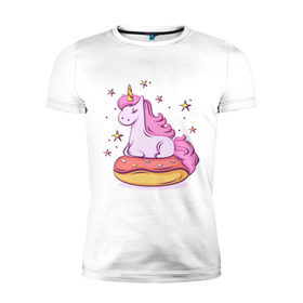 Мужская футболка премиум с принтом Единорог в Тюмени, 92% хлопок, 8% лайкра | приталенный силуэт, круглый вырез ворота, длина до линии бедра, короткий рукав | donut | pink | star | unicorn | единорог | звезды | конь | милота | пончик | сказка