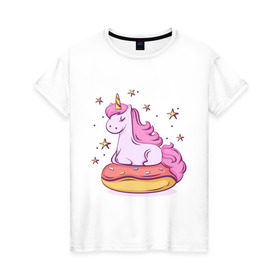Женская футболка хлопок с принтом Единорог в Тюмени, 100% хлопок | прямой крой, круглый вырез горловины, длина до линии бедер, слегка спущенное плечо | donut | pink | star | unicorn | единорог | звезды | конь | милота | пончик | сказка