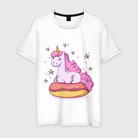 Мужская футболка хлопок с принтом Единорог в Тюмени, 100% хлопок | прямой крой, круглый вырез горловины, длина до линии бедер, слегка спущенное плечо. | donut | pink | star | unicorn | единорог | звезды | конь | милота | пончик | сказка