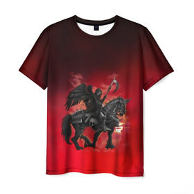 Мужская футболка 3D с принтом Всадник апокалипсиса в Тюмени, 100% полиэфир | прямой крой, круглый вырез горловины, длина до линии бедер | готика | доспехи | дым | злость | кладбище | конь | кости | красный | крыло | крылья | перья | погост | туман | череп | черный