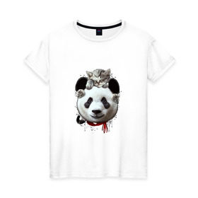 Женская футболка хлопок с принтом Панда и котенок в Тюмени, 100% хлопок | прямой крой, круглый вырез горловины, длина до линии бедер, слегка спущенное плечо | cat | panda | добро | друг | животные | кот | котенок | кошка | лучший | медведь | милый | мишка | нежный | панда