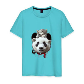 Мужская футболка хлопок с принтом Панда и котенок в Тюмени, 100% хлопок | прямой крой, круглый вырез горловины, длина до линии бедер, слегка спущенное плечо. | Тематика изображения на принте: cat | panda | добро | друг | животные | кот | котенок | кошка | лучший | медведь | милый | мишка | нежный | панда