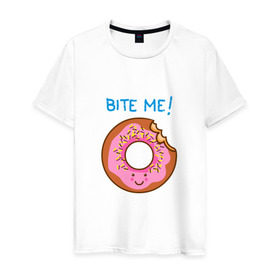 Мужская футболка хлопок с принтом Укуси меня в Тюмени, 100% хлопок | прямой крой, круглый вырез горловины, длина до линии бедер, слегка спущенное плечо. | bart | donut | food | homer | simpsons | аппетит | барт | гомер | еда | мультфильм | пончик | симпсоны | сладкий