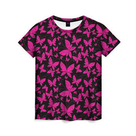 Женская футболка 3D с принтом Розовые бабочки в Тюмени, 100% полиэфир ( синтетическое хлопкоподобное полотно) | прямой крой, круглый вырез горловины, длина до линии бедер | butterflies | pink | бабочки | красота | крылья | нежность | орнамент | розовый | узор