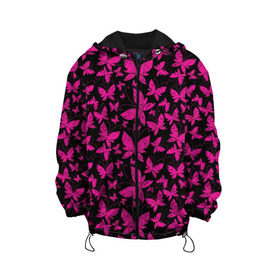 Детская куртка 3D с принтом Розовые бабочки в Тюмени, 100% полиэстер | застежка — молния, подол и капюшон оформлены резинкой с фиксаторами, по бокам — два кармана без застежек, один потайной карман на груди, плотность верхнего слоя — 90 г/м2; плотность флисового подклада — 260 г/м2 | Тематика изображения на принте: butterflies | pink | бабочки | красота | крылья | нежность | орнамент | розовый | узор