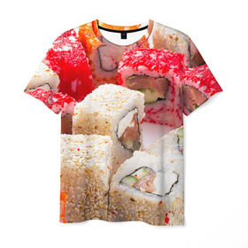 Мужская футболка 3D с принтом Роллы в Тюмени, 100% полиэфир | прямой крой, круглый вырез горловины, длина до линии бедер | Тематика изображения на принте: еда | роллы | суши
