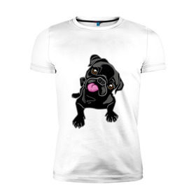 Мужская футболка премиум с принтом Забавный мопсик в Тюмени, 92% хлопок, 8% лайкра | приталенный силуэт, круглый вырез ворота, длина до линии бедра, короткий рукав | Тематика изображения на принте: animal | dog | pet | pug | puppy | арт | животные | милые | мопс | пес | собаки | французский бульдог
