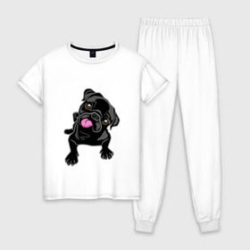 Женская пижама хлопок с принтом Забавный мопсик в Тюмени, 100% хлопок | брюки и футболка прямого кроя, без карманов, на брюках мягкая резинка на поясе и по низу штанин | animal | dog | pet | pug | puppy | арт | животные | милые | мопс | пес | собаки | французский бульдог