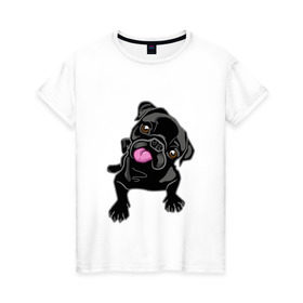 Женская футболка хлопок с принтом Забавный мопсик в Тюмени, 100% хлопок | прямой крой, круглый вырез горловины, длина до линии бедер, слегка спущенное плечо | animal | dog | pet | pug | puppy | арт | животные | милые | мопс | пес | собаки | французский бульдог