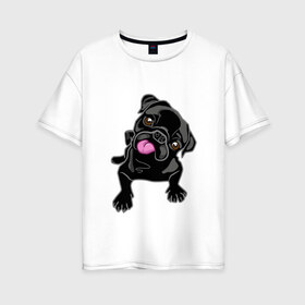 Женская футболка хлопок Oversize с принтом Забавный мопсик в Тюмени, 100% хлопок | свободный крой, круглый ворот, спущенный рукав, длина до линии бедер
 | Тематика изображения на принте: animal | dog | pet | pug | puppy | арт | животные | милые | мопс | пес | собаки | французский бульдог