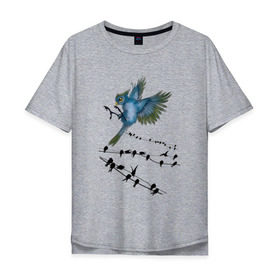 Мужская футболка хлопок Oversize с принтом Ласточка в Тюмени, 100% хлопок | свободный крой, круглый ворот, “спинка” длиннее передней части | весна | колибри | крылья | мызыка | ноты | пение | перо | перышко | перья