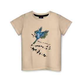 Детская футболка хлопок с принтом Ласточка в Тюмени, 100% хлопок | круглый вырез горловины, полуприлегающий силуэт, длина до линии бедер | весна | колибри | крылья | мызыка | ноты | пение | перо | перышко | перья