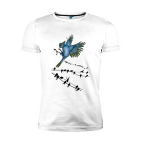 Мужская футболка премиум с принтом Ласточка в Тюмени, 92% хлопок, 8% лайкра | приталенный силуэт, круглый вырез ворота, длина до линии бедра, короткий рукав | весна | колибри | крылья | мызыка | ноты | пение | перо | перышко | перья