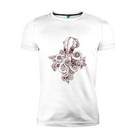 Мужская футболка премиум с принтом Steampunk octopus в Тюмени, 92% хлопок, 8% лайкра | приталенный силуэт, круглый вырез ворота, длина до линии бедра, короткий рукав | gear | octopus | sea | steampunk | арт | осьминог | стимпанк | шестеренка