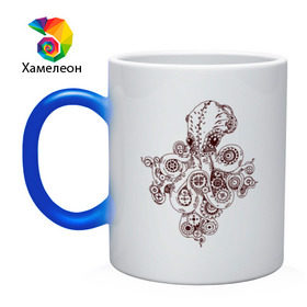Кружка хамелеон с принтом Steampunk octopus в Тюмени, керамика | меняет цвет при нагревании, емкость 330 мл | gear | octopus | sea | steampunk | арт | осьминог | стимпанк | шестеренка