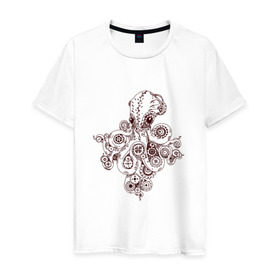 Мужская футболка хлопок с принтом Steampunk octopus в Тюмени, 100% хлопок | прямой крой, круглый вырез горловины, длина до линии бедер, слегка спущенное плечо. | Тематика изображения на принте: gear | octopus | sea | steampunk | арт | осьминог | стимпанк | шестеренка