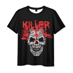 Мужская футболка 3D с принтом Killer в Тюмени, 100% полиэфир | прямой крой, круглый вырез горловины, длина до линии бедер | Тематика изображения на принте: blood | dead | death | drops | fear | halloween | happy | holiday | killer | red | skull | splashes | брызги | капли | красный | кровь | мертвый | праздник | счастливый | хэллоуин | череп