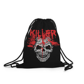 Рюкзак-мешок 3D с принтом Killer в Тюмени, 100% полиэстер | плотность ткани — 200 г/м2, размер — 35 х 45 см; лямки — толстые шнурки, застежка на шнуровке, без карманов и подкладки | Тематика изображения на принте: blood | dead | death | drops | fear | halloween | happy | holiday | killer | red | skull | splashes | брызги | капли | красный | кровь | мертвый | праздник | счастливый | хэллоуин | череп