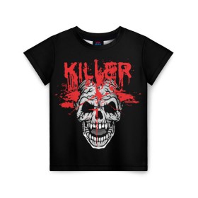 Детская футболка 3D с принтом Killer в Тюмени, 100% гипоаллергенный полиэфир | прямой крой, круглый вырез горловины, длина до линии бедер, чуть спущенное плечо, ткань немного тянется | Тематика изображения на принте: blood | dead | death | drops | fear | halloween | happy | holiday | killer | red | skull | splashes | брызги | капли | красный | кровь | мертвый | праздник | счастливый | хэллоуин | череп