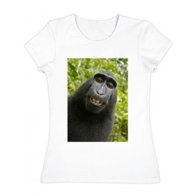 Женская футболка хлопок с принтом Селфи Обезьяны в Тюмени, 100% хлопок | прямой крой, круглый вырез горловины, длина до линии бедер, слегка спущенное плечо | 