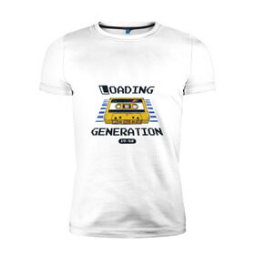 Мужская футболка премиум с принтом Loading Generation в Тюмени, 92% хлопок, 8% лайкра | приталенный силуэт, круглый вырез ворота, длина до линии бедра, короткий рукав | 1982 | аудиокассета | загрузка | кассета | поколение
