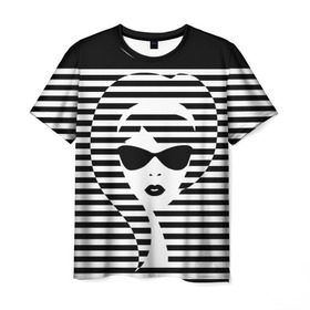 Мужская футболка 3D с принтом Pop art girl в Тюмени, 100% полиэфир | прямой крой, круглый вырез горловины, длина до линии бедер | abstraction | background | band | black and white | fashion | girl | hair | pop art | silhouette | style | абстракция | девушка | мода | очки | полосы | поп  арт | прическа | силуэт | стиль | фон | черно  белый
