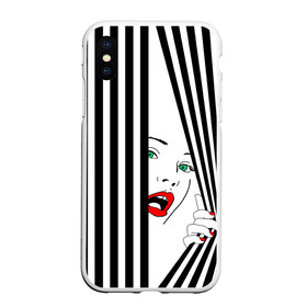 Чехол для iPhone XS Max матовый с принтом Pop art girl в Тюмени, Силикон | Область печати: задняя сторона чехла, без боковых панелей | Тематика изображения на принте: abstraction | background | band | black and white | fashion | girl | hair | pop art | silhouette | style | абстракция | девушка | мода | полосы | поп  арт | прическа | силуэт | стиль | фон | черно  белый