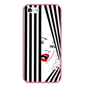 Чехол для iPhone 5/5S матовый с принтом Pop art girl в Тюмени, Силикон | Область печати: задняя сторона чехла, без боковых панелей | abstraction | background | band | black and white | fashion | girl | hair | pop art | silhouette | style | абстракция | девушка | мода | полосы | поп  арт | прическа | силуэт | стиль | фон | черно  белый