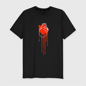 Мужская футболка премиум с принтом Живое сердце в Тюмени, 92% хлопок, 8% лайкра | приталенный силуэт, круглый вырез ворота, длина до линии бедра, короткий рукав | Тематика изображения на принте: кали | кровь | поток | сердце | стекает | струя
