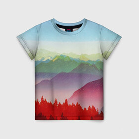 Детская футболка 3D с принтом Радужный пейзаж в Тюмени, 100% гипоаллергенный полиэфир | прямой крой, круглый вырез горловины, длина до линии бедер, чуть спущенное плечо, ткань немного тянется | горы | деревья | дождь | лес | массив | небо | природа | рельеф | скалы | яркий