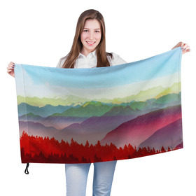 Флаг 3D с принтом Радужный пейзаж в Тюмени, 100% полиэстер | плотность ткани — 95 г/м2, размер — 67 х 109 см. Принт наносится с одной стороны | горы | деревья | дождь | лес | массив | небо | природа | рельеф | скалы | яркий