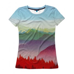 Женская футболка 3D с принтом Радужный пейзаж в Тюмени, 100% полиэфир ( синтетическое хлопкоподобное полотно) | прямой крой, круглый вырез горловины, длина до линии бедер | горы | деревья | дождь | лес | массив | небо | природа | рельеф | скалы | яркий