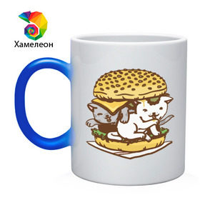 Кружка хамелеон с принтом Котбургер в Тюмени, керамика | меняет цвет при нагревании, емкость 330 мл | булка | бургер | гамбургер | детский | еда | животные | картинка | кот | коте | котенок | котята | кошка | милые | рисунок | смешные | сыр | чизбургер
